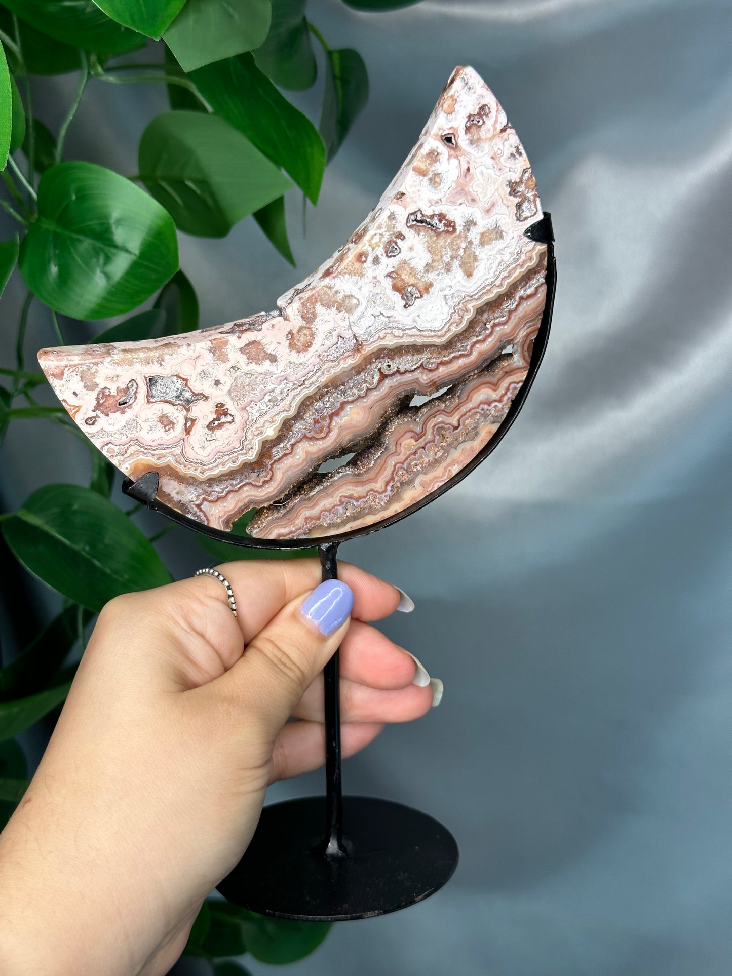 Pink Lace Agate Moon on a Stand