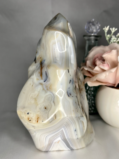 Dendritic Botswana Agate Flame with Druzy and Quartz Inclusions and Orbicular Patterning