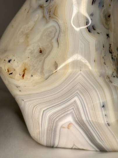 Dendritic Botswana Agate Flame with Druzy and Quartz Inclusions and Orbicular Patterning