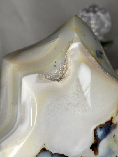 Dendritic Botswana Agate Flame with Druzy and Quartz Inclusions and Orbicular Patterning