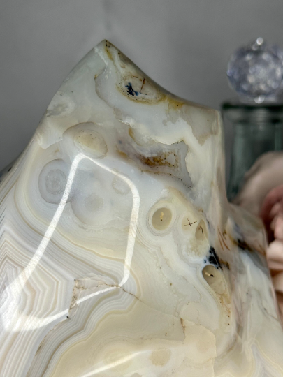 Dendritic Botswana Agate Flame with Druzy and Quartz Inclusions and Orbicular Patterning