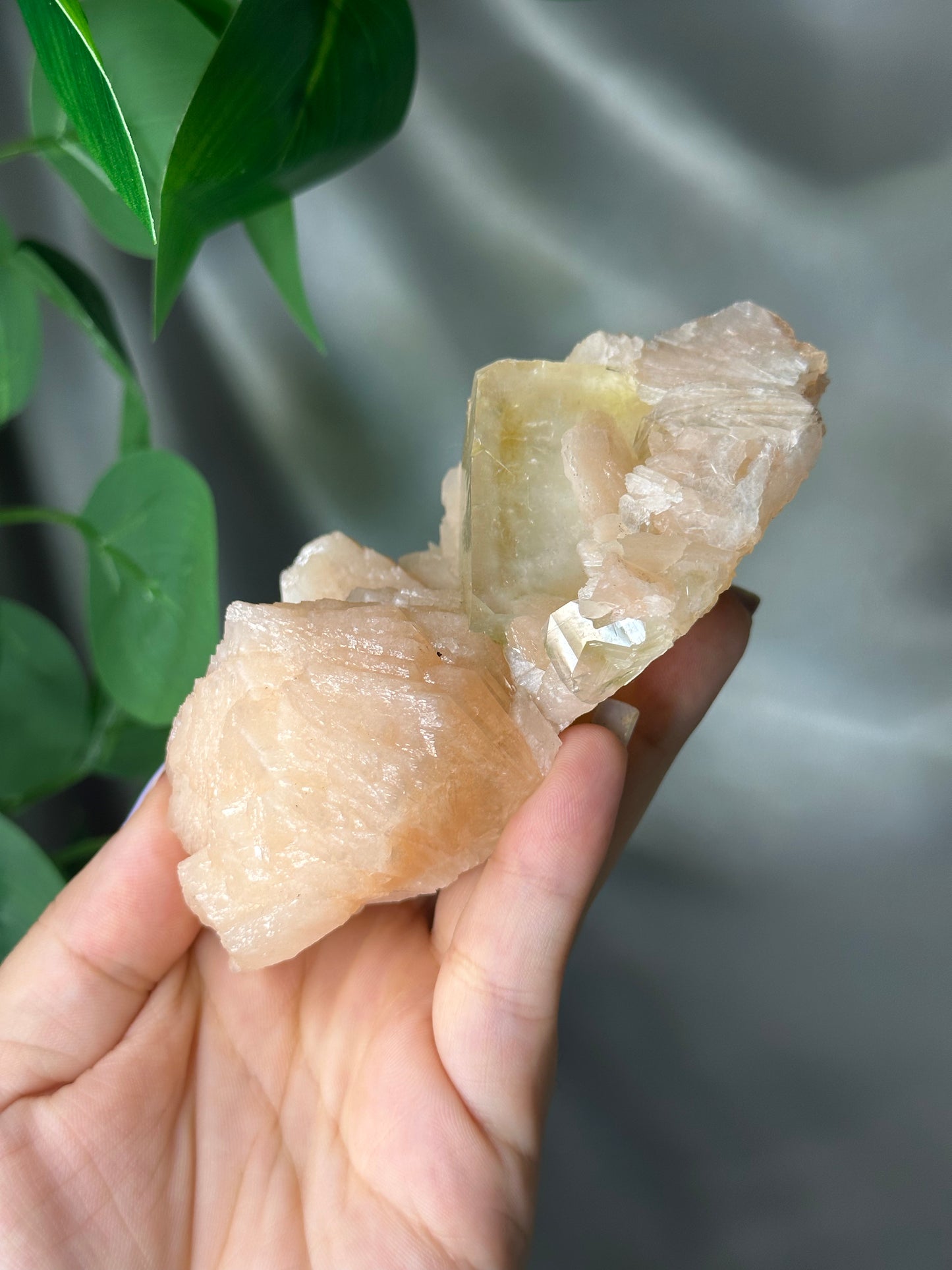 Green Cubic Apophyllite on Peach Stilbite