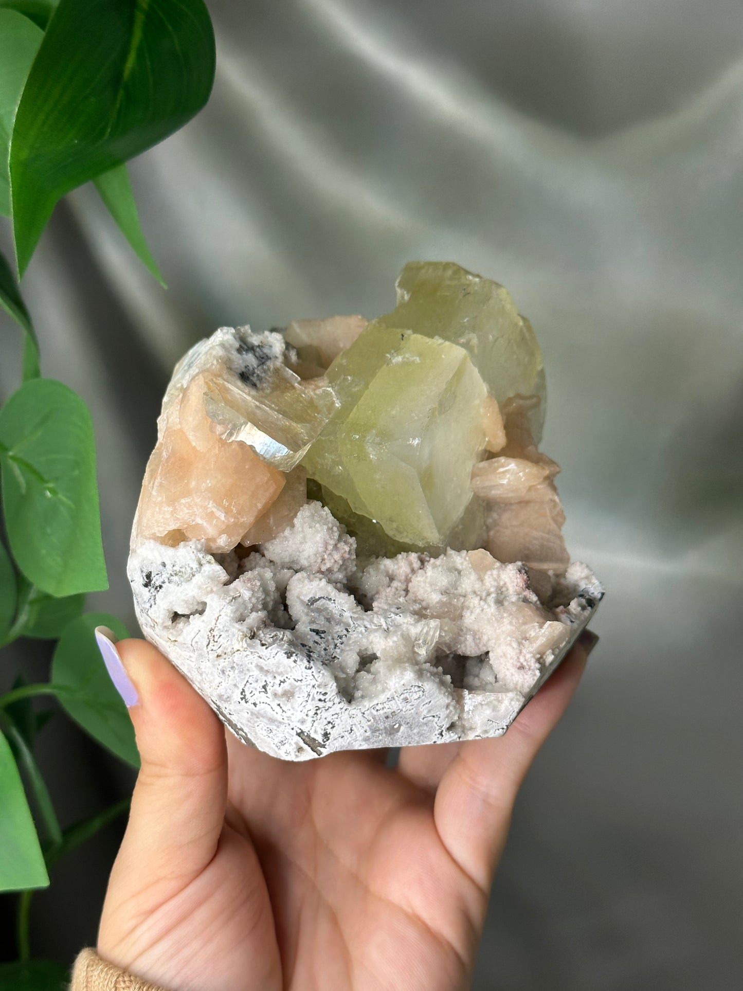 Green Cubic Apophyllite with Peach Stilbite on Chalcedony