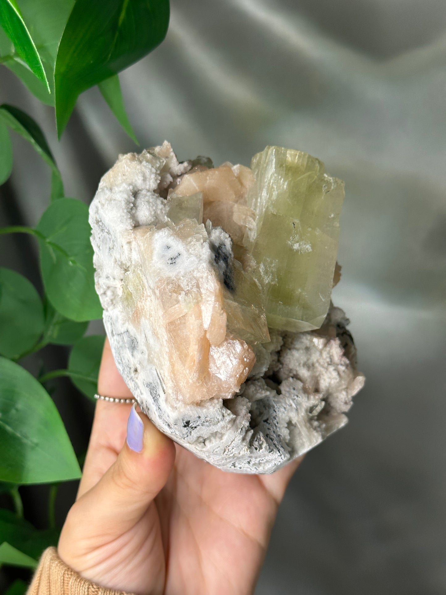 Green Cubic Apophyllite with Peach Stilbite on Chalcedony