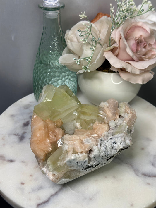 Green Cubic Apophyllite with Peach Stilbite on Chalcedony