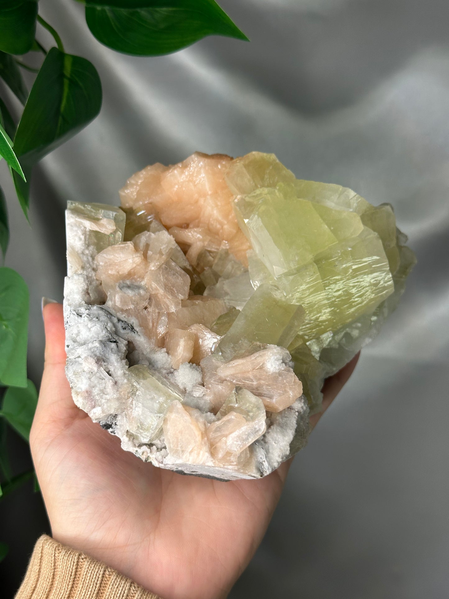 Green Cubic Apophyllite with Peach Stilbite on Chalcedony