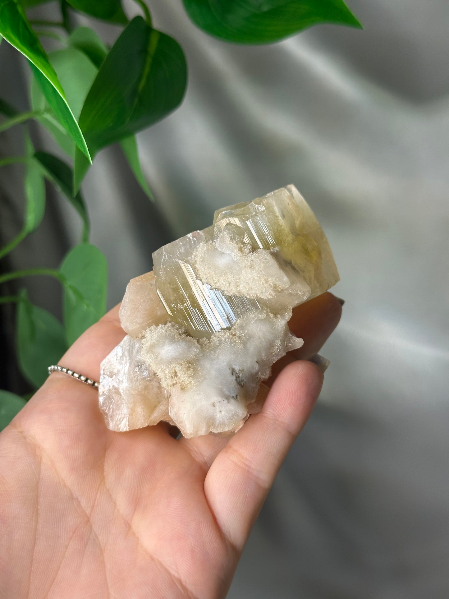 Green Cubic Apophyllite on Peach Stilbite with Chalcedony