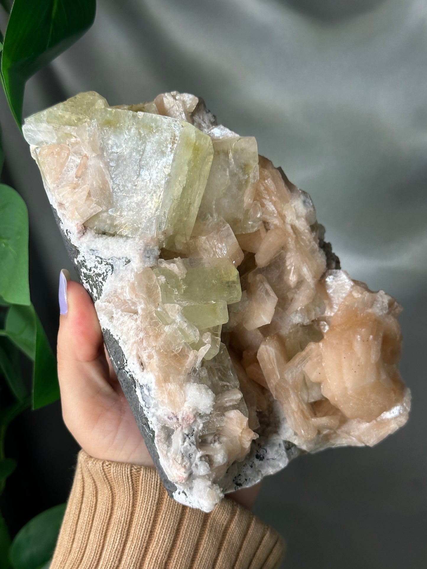 Green Cubic Apophyllite with Peach Stilbite on Chalcedony