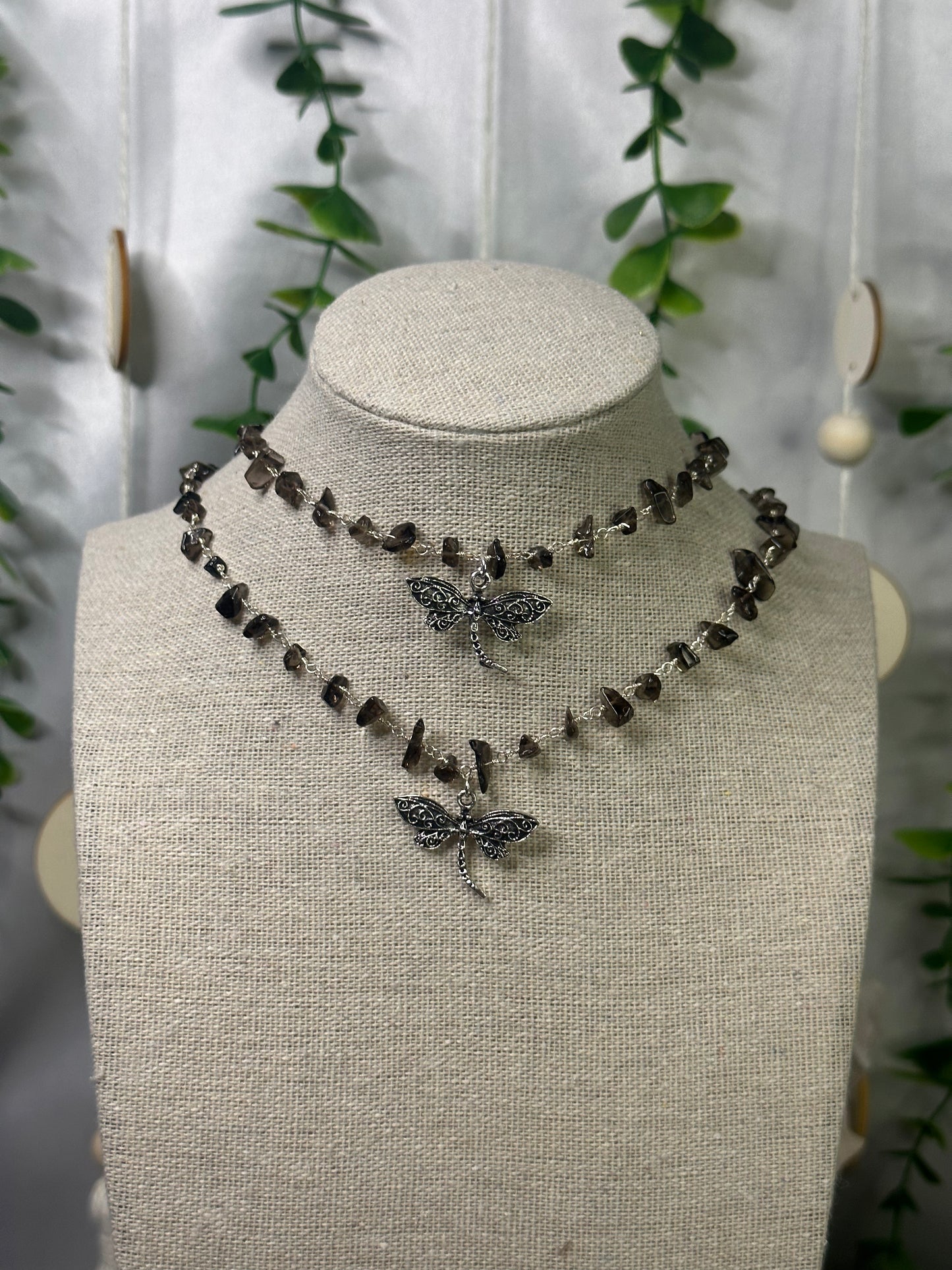 Dainty Silver Smoky Quartz Dragonfly Necklaces