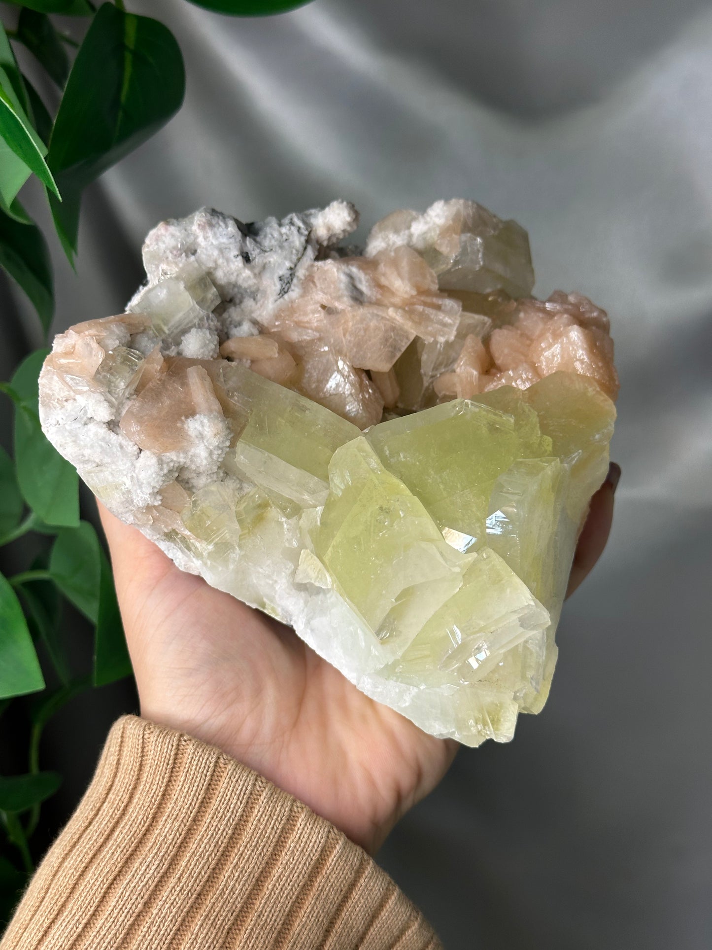 Green Cubic Apophyllite with Peach Stilbite on Chalcedony