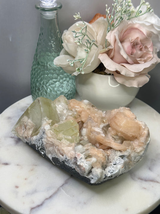 Green Cubic Apophyllite with Peach Stilbite on Chalcedony