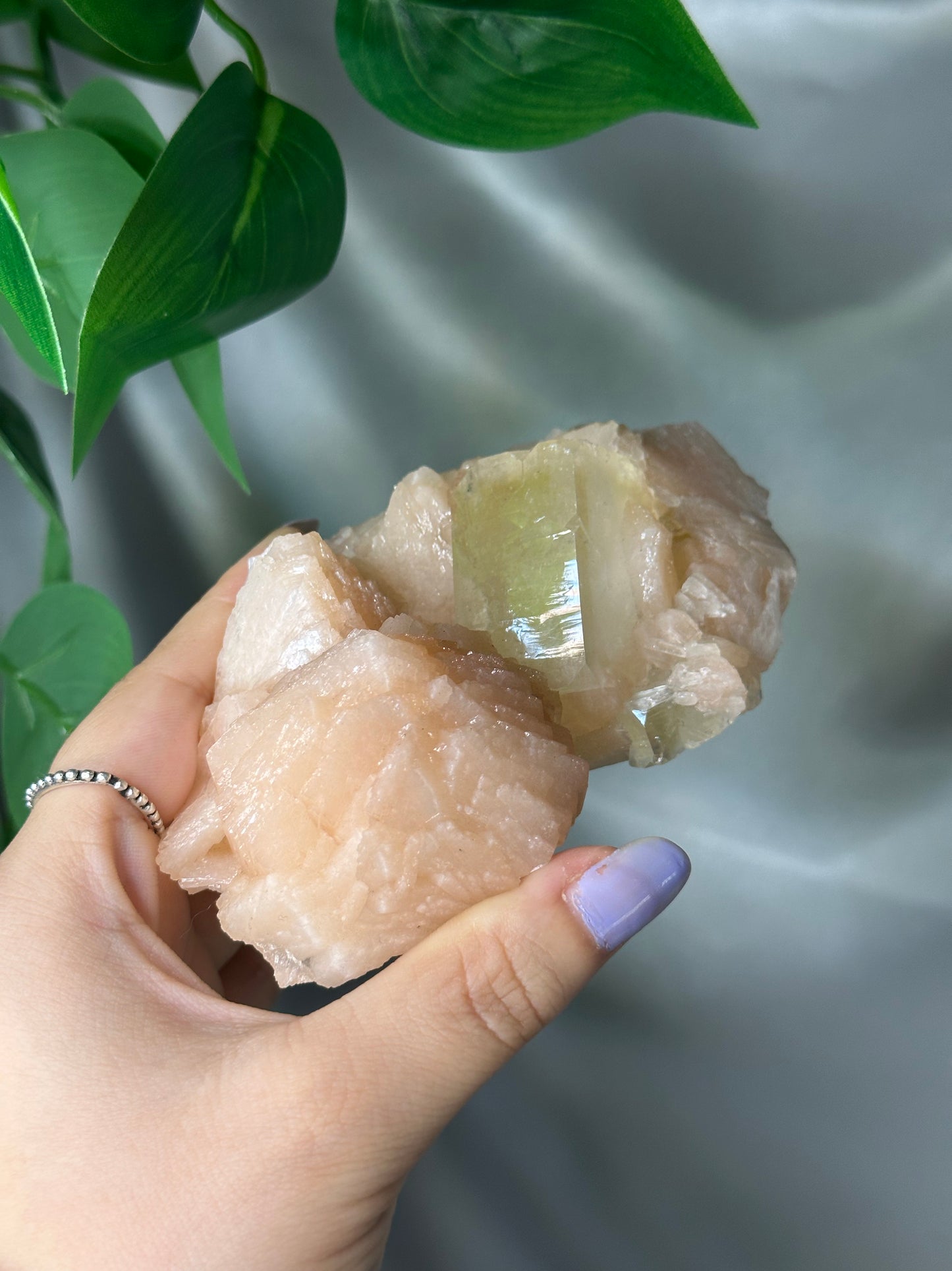 Green Cubic Apophyllite on Peach Stilbite