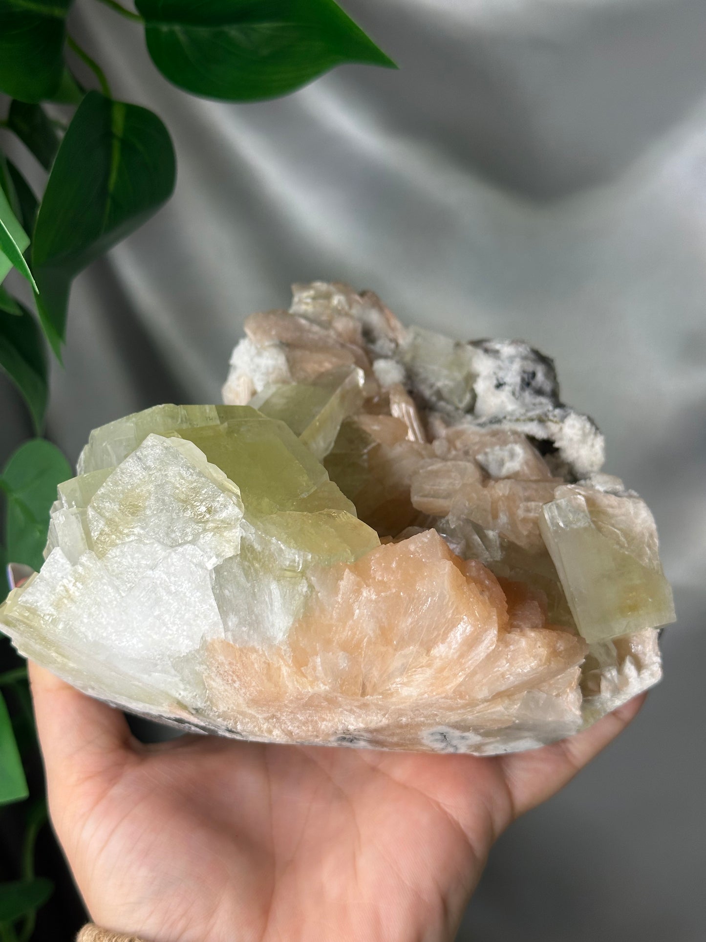 Green Cubic Apophyllite with Peach Stilbite on Chalcedony