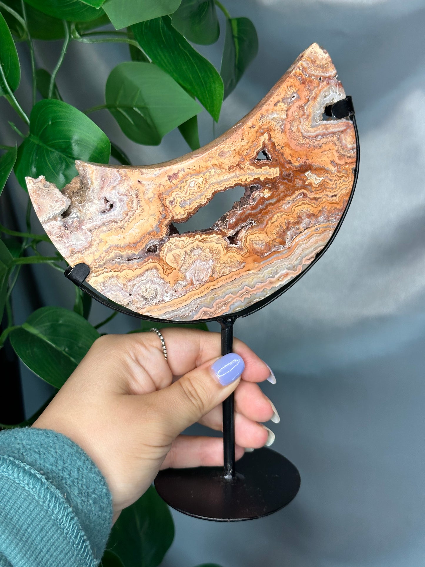 Pink Lace Agate Moon on a Stand