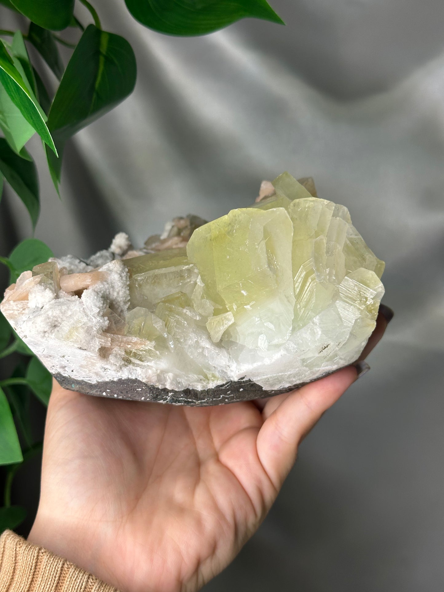 Green Cubic Apophyllite with Peach Stilbite on Chalcedony