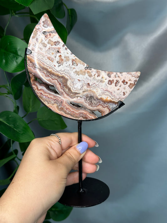 Pink Lace Agate Moon on a Stand