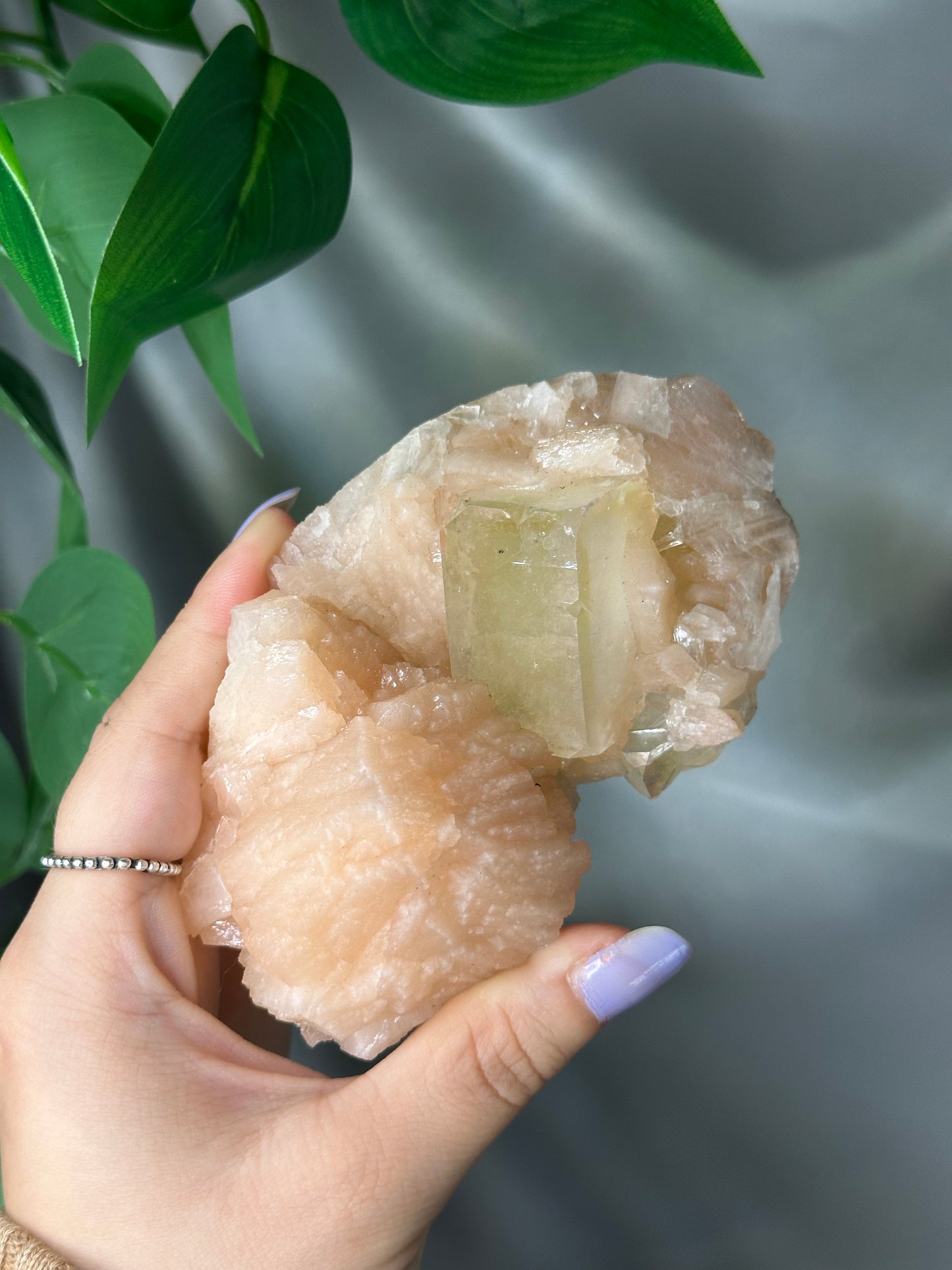 Green Cubic Apophyllite on Peach Stilbite