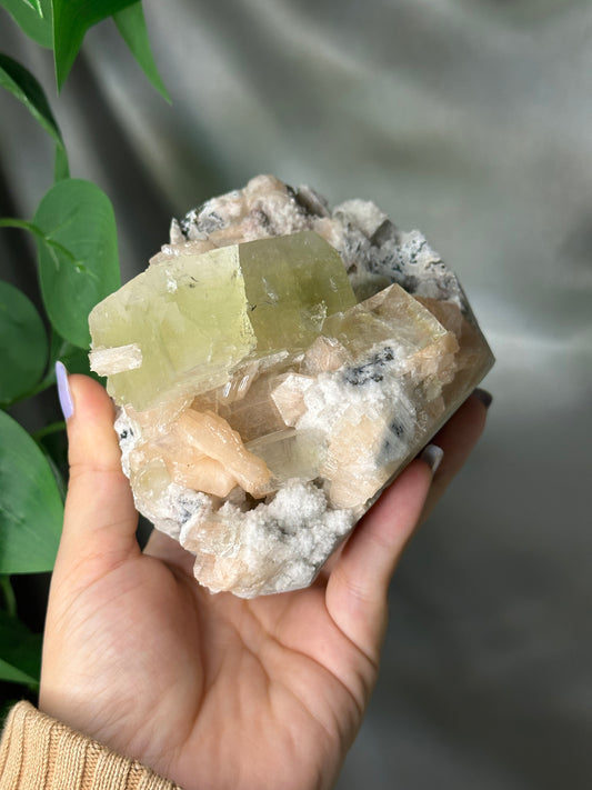 Green Cubic Apophyllite with Peach Stilbite on Chalcedony