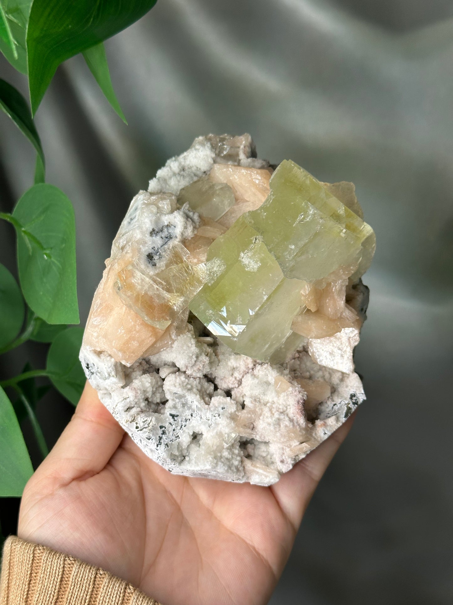 Green Cubic Apophyllite with Peach Stilbite on Chalcedony