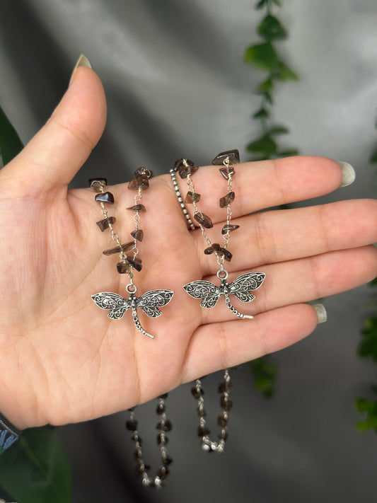 Dainty Silver Smoky Quartz Dragonfly Necklaces