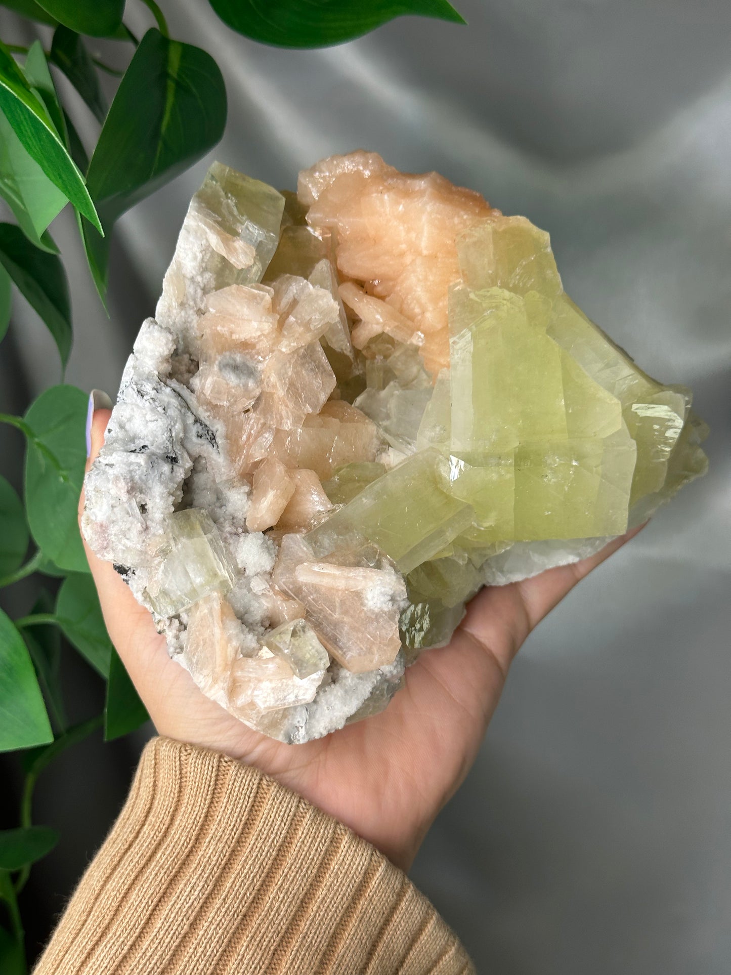 Green Cubic Apophyllite with Peach Stilbite on Chalcedony