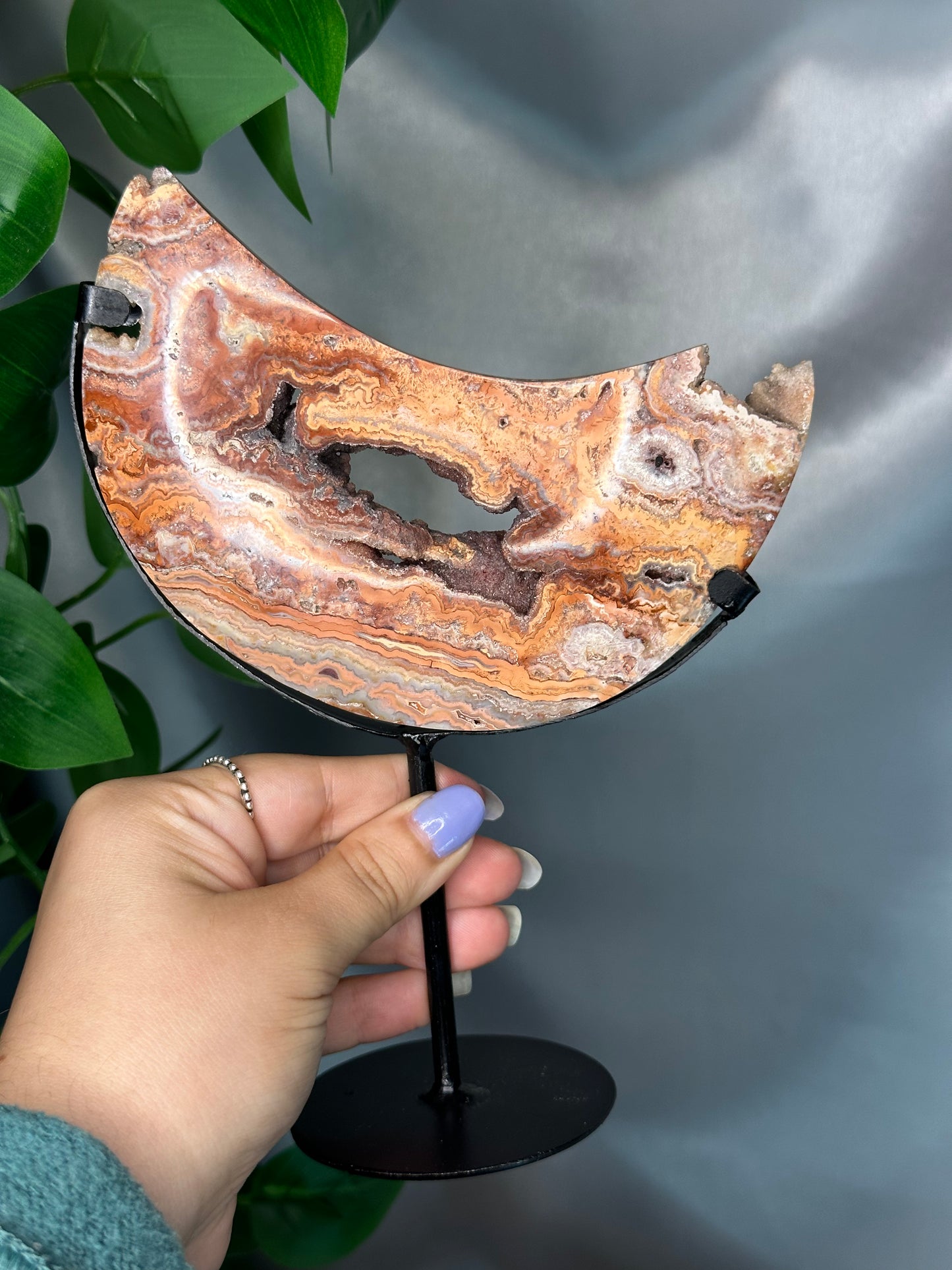 Pink Lace Agate Moon on a Stand