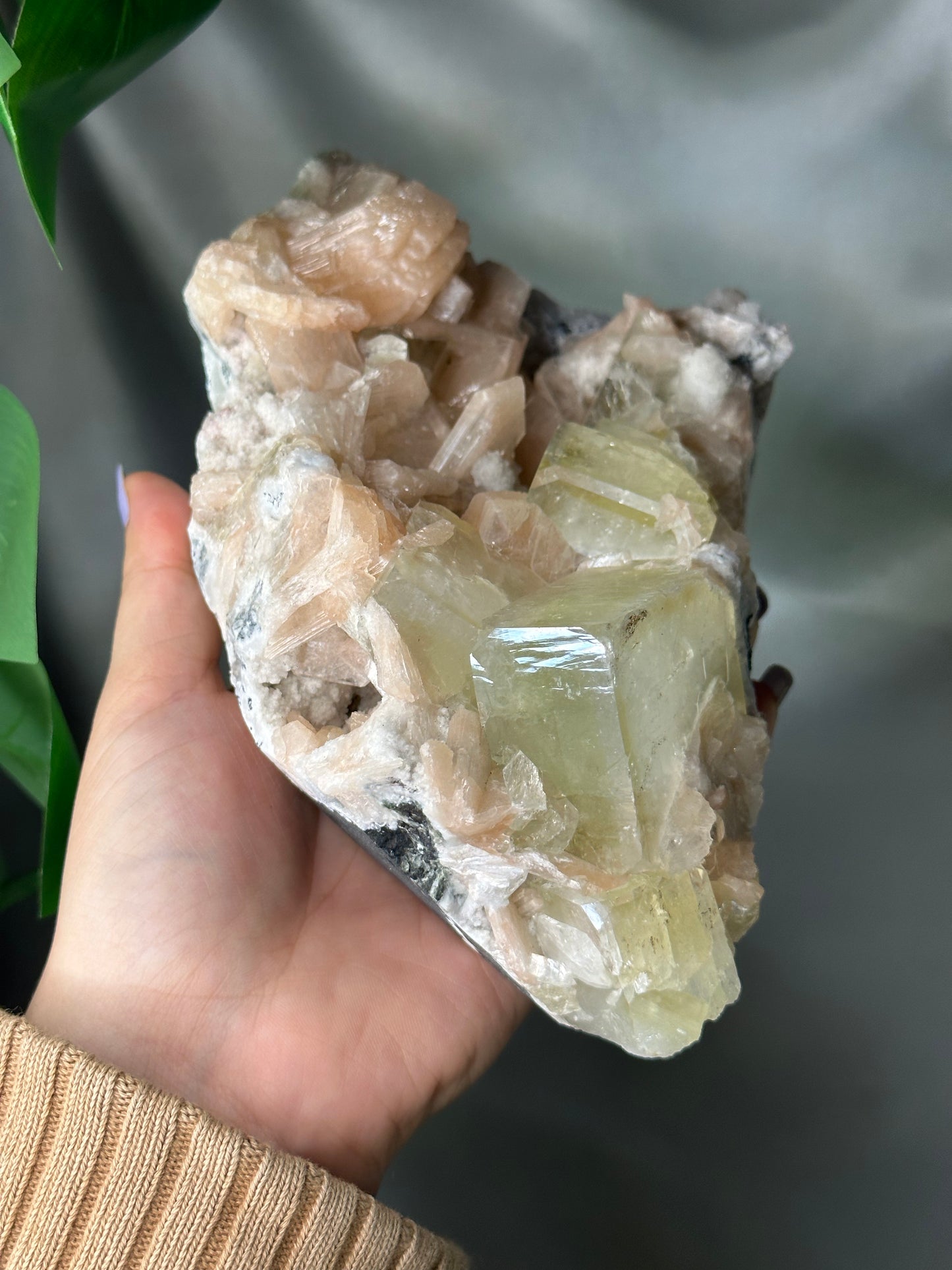 Green Cubic Apophyllite with Peach Stilbite on Chalcedony