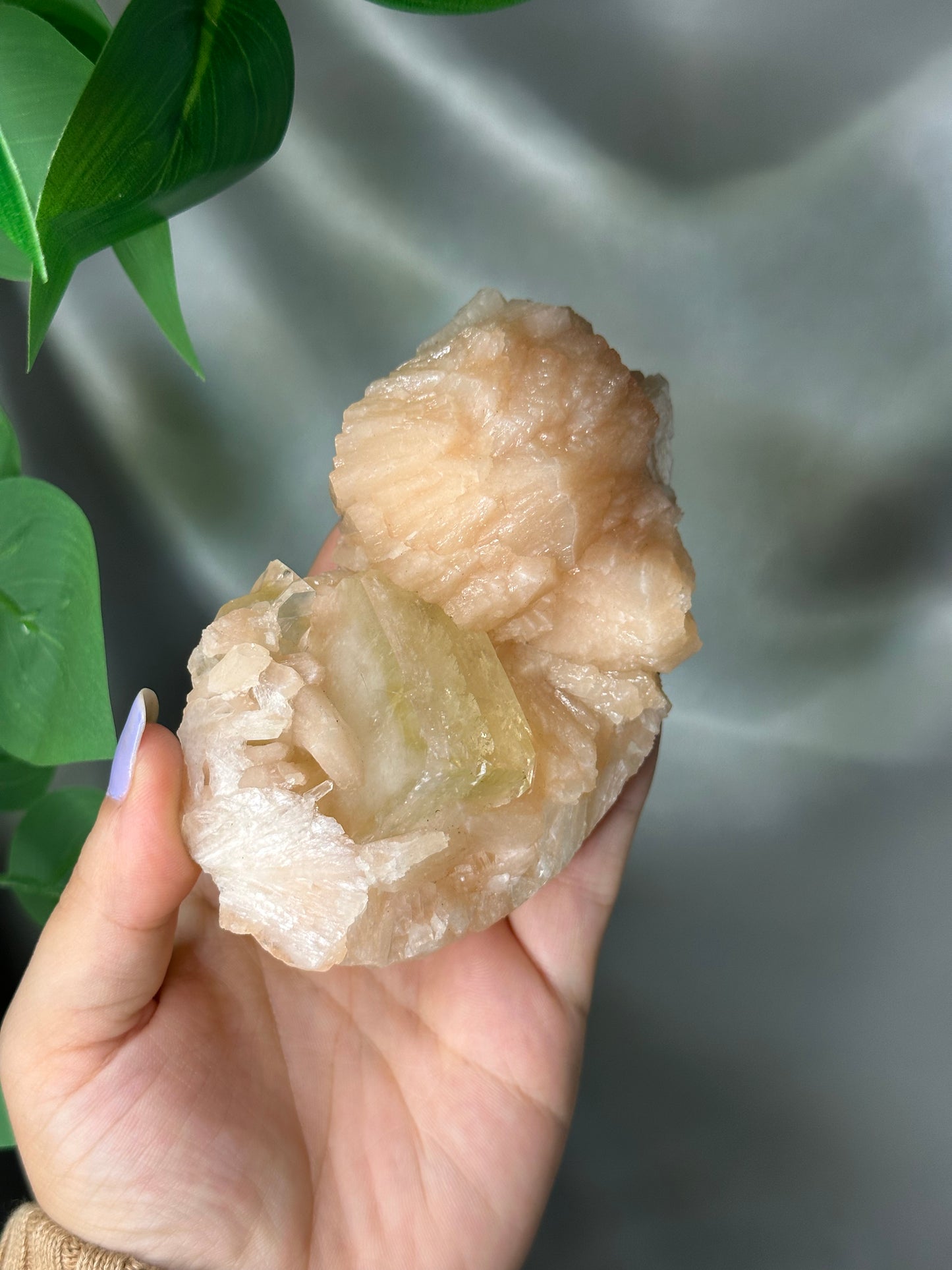 Green Cubic Apophyllite on Peach Stilbite