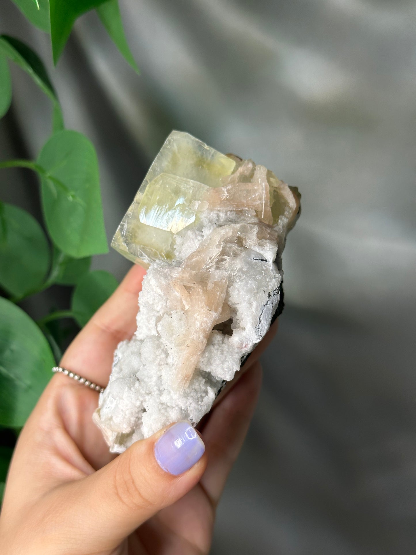 Green Cubic Apophyllite with Peach Stilbite on Chalcedony