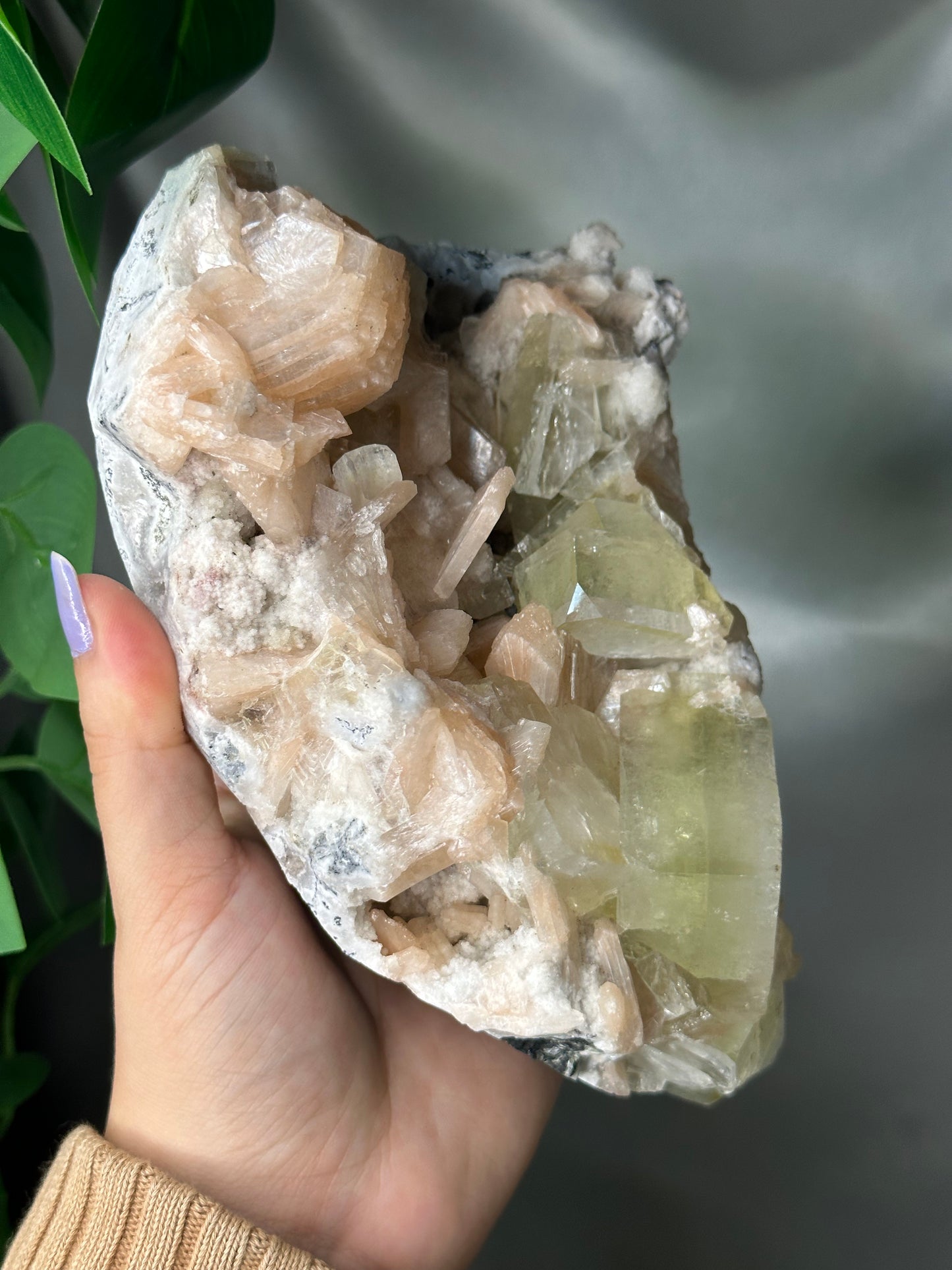 Green Cubic Apophyllite with Peach Stilbite on Chalcedony