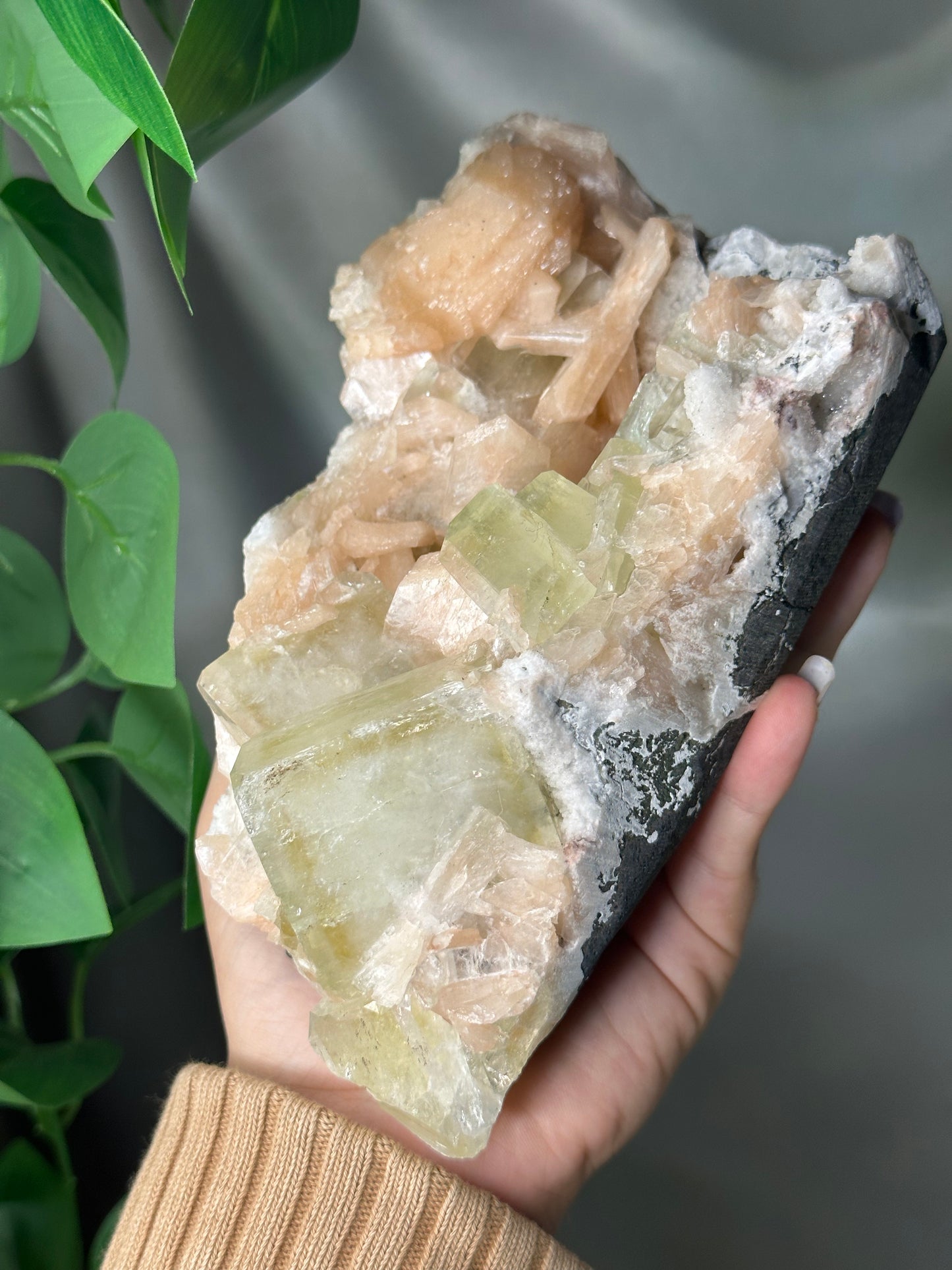 Green Cubic Apophyllite with Peach Stilbite on Chalcedony