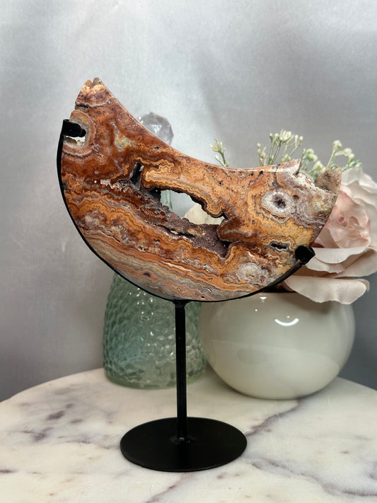 Pink Lace Agate Moon on a Stand