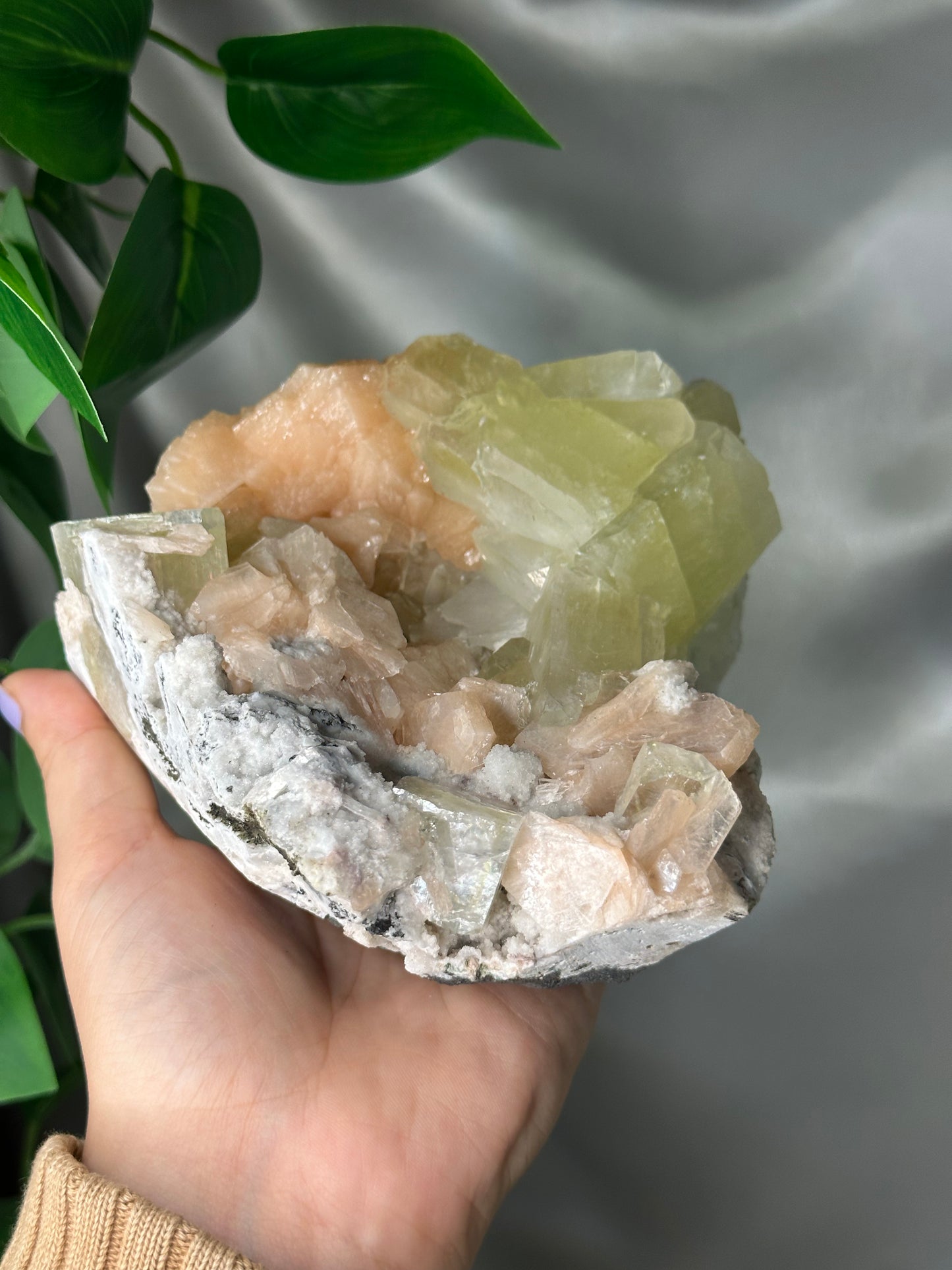 Green Cubic Apophyllite with Peach Stilbite on Chalcedony